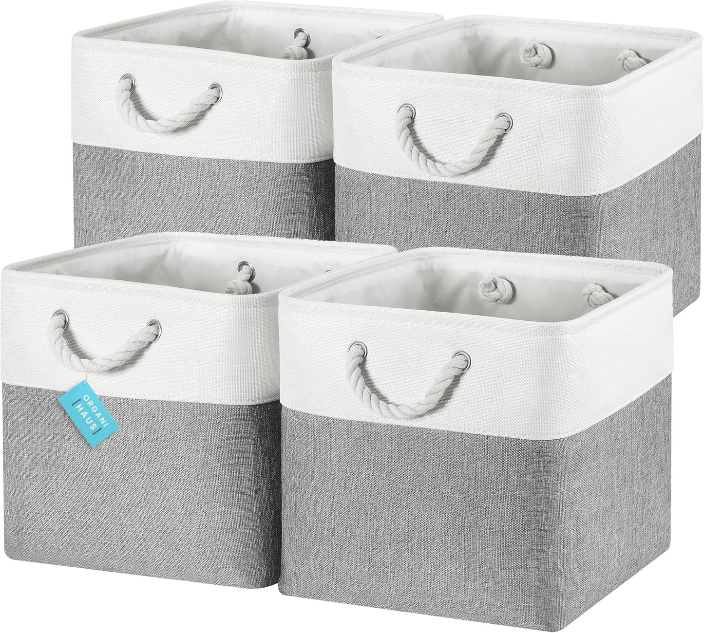 OrganiHaus 13x13 Cube Storage Bins 4 Pack, Foldable Cube Storage Organizer w/ Rope Handles, Collapsible Fabric Bins for Toys, Clothes & Closet Organization, Fabric Square Baskets - Gray/White