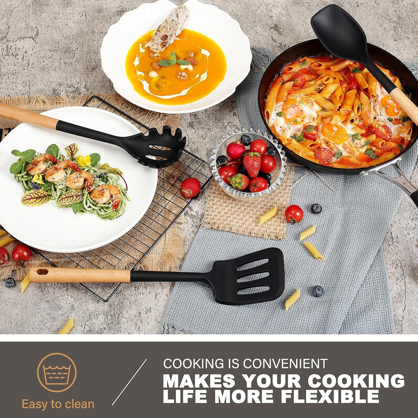 QMVESS Silicone Cooking Utensils Set, Kitchen Utensils Set 7 Pcs with Long Wooden Handle, Food Grade and Heat Resistant Large Silicone Spatula Set for Nonstick Cookware, BPA Free（Black）