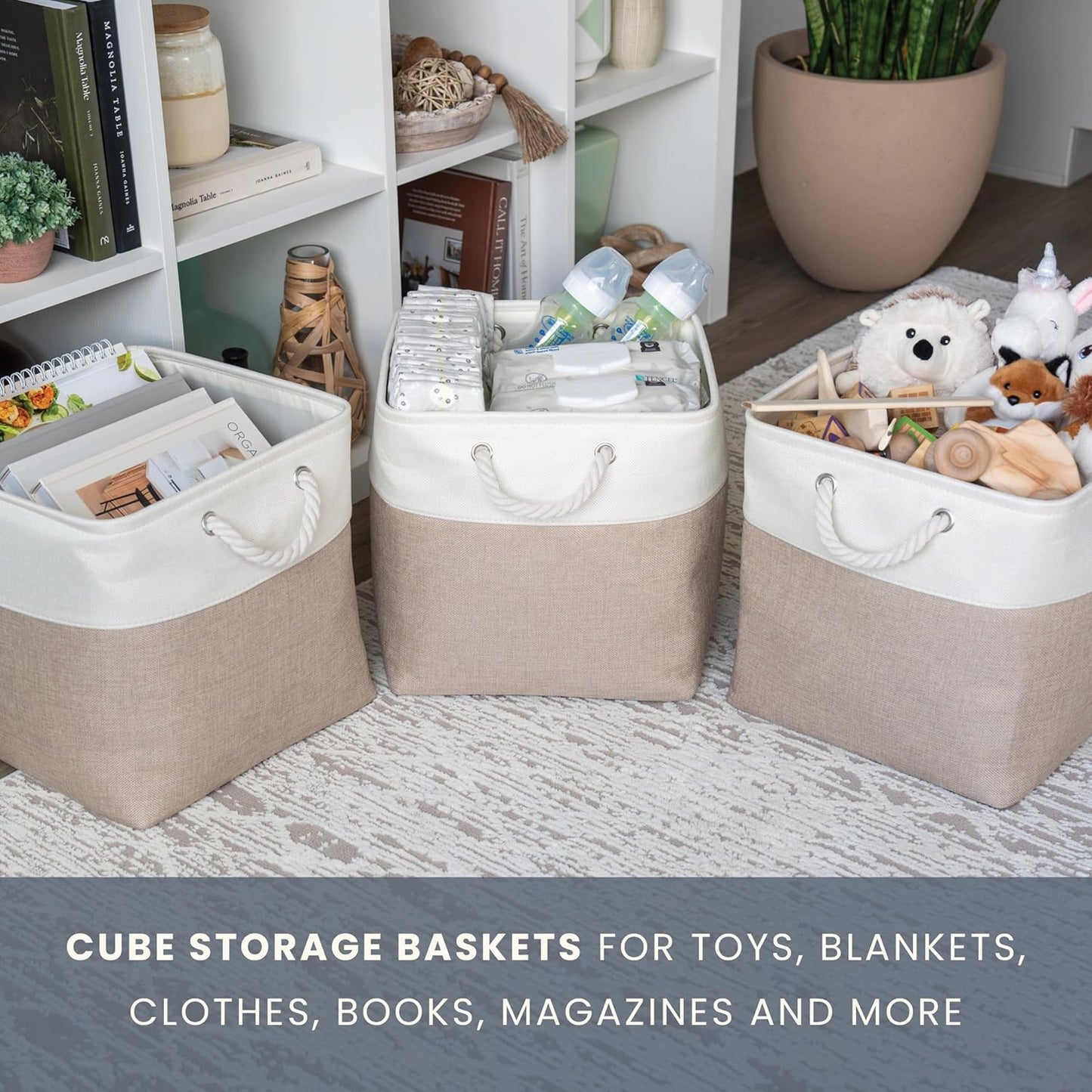 OrganiHaus 13x13 Cube Storage Bins 4 Pack, Foldable Cube Storage Organizer w/ Rope Handles, Collapsible Fabric Bins for Toys, Clothes & Closet Organization, Fabric Square Baskets - Beige/White