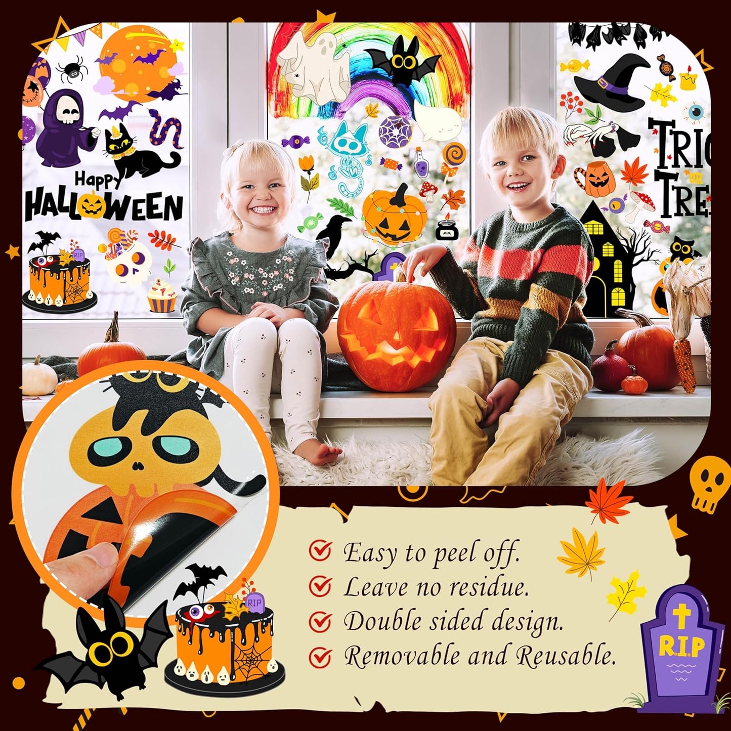 Halloween Window Clings - Halloween Decorations Static Window Stickers for Glass, Removable Large Double-Sided Window Decals for Indoor Home Decor, Bat Fall Cute Party Gift, 65 PCS/9 Sheet