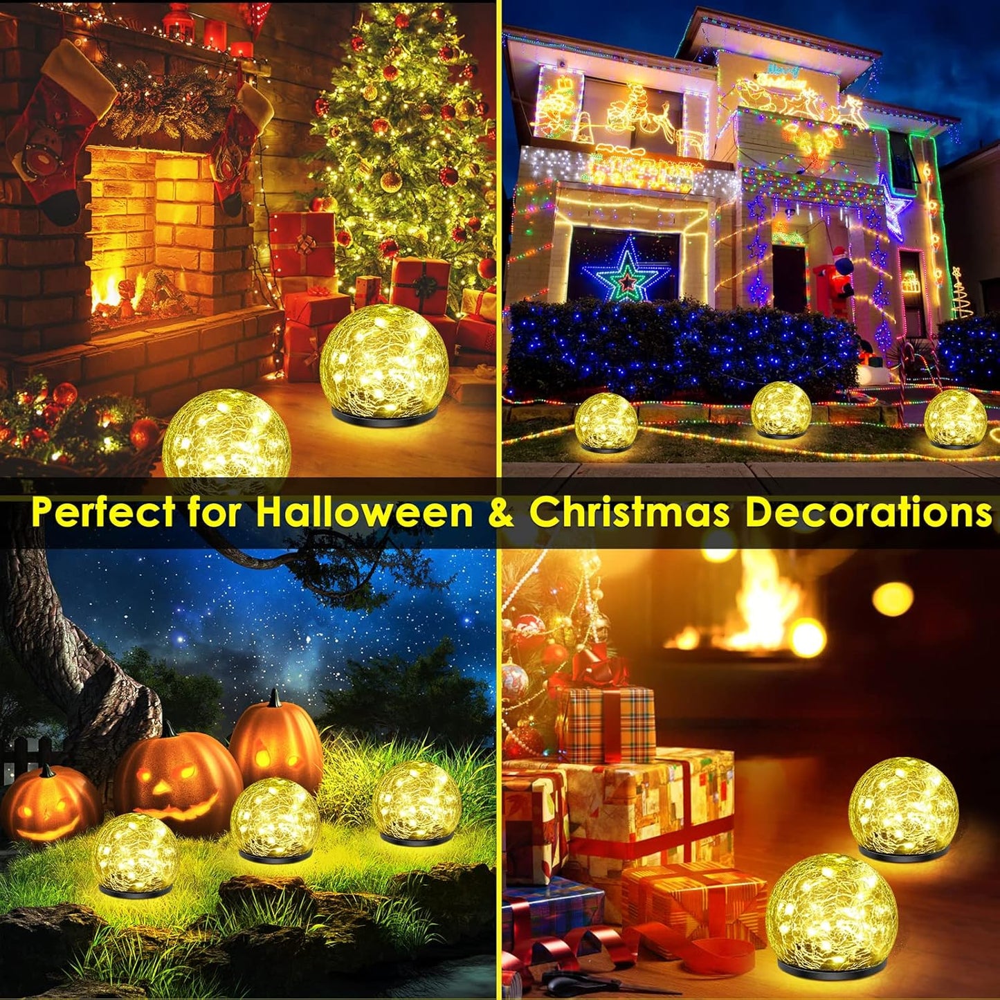 2 Pack 60 LED Solar Garden Lights Outdoor Decoration, Cracked Glass Solar Globe Lights, Upgraded Waterproof Warm White Ball Lights for Yard Pathway Patio Halloween Christmas Outside Decor