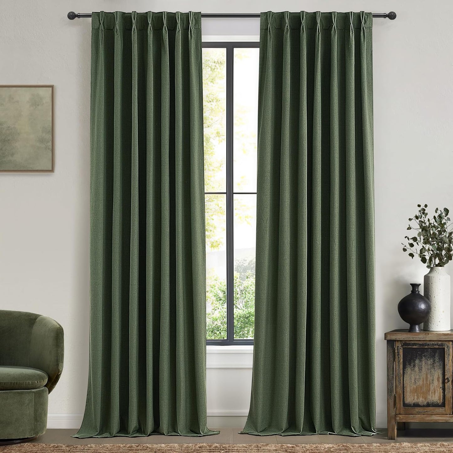 2 Panels Thermal Curtains for Summer Heat, Pinch Pleated Linen Sound Absorbing Total Blackout Curtain 105 Inches Long for 104&106 Inch Windows Drapes for Living Room W40 xL105 Olive Green