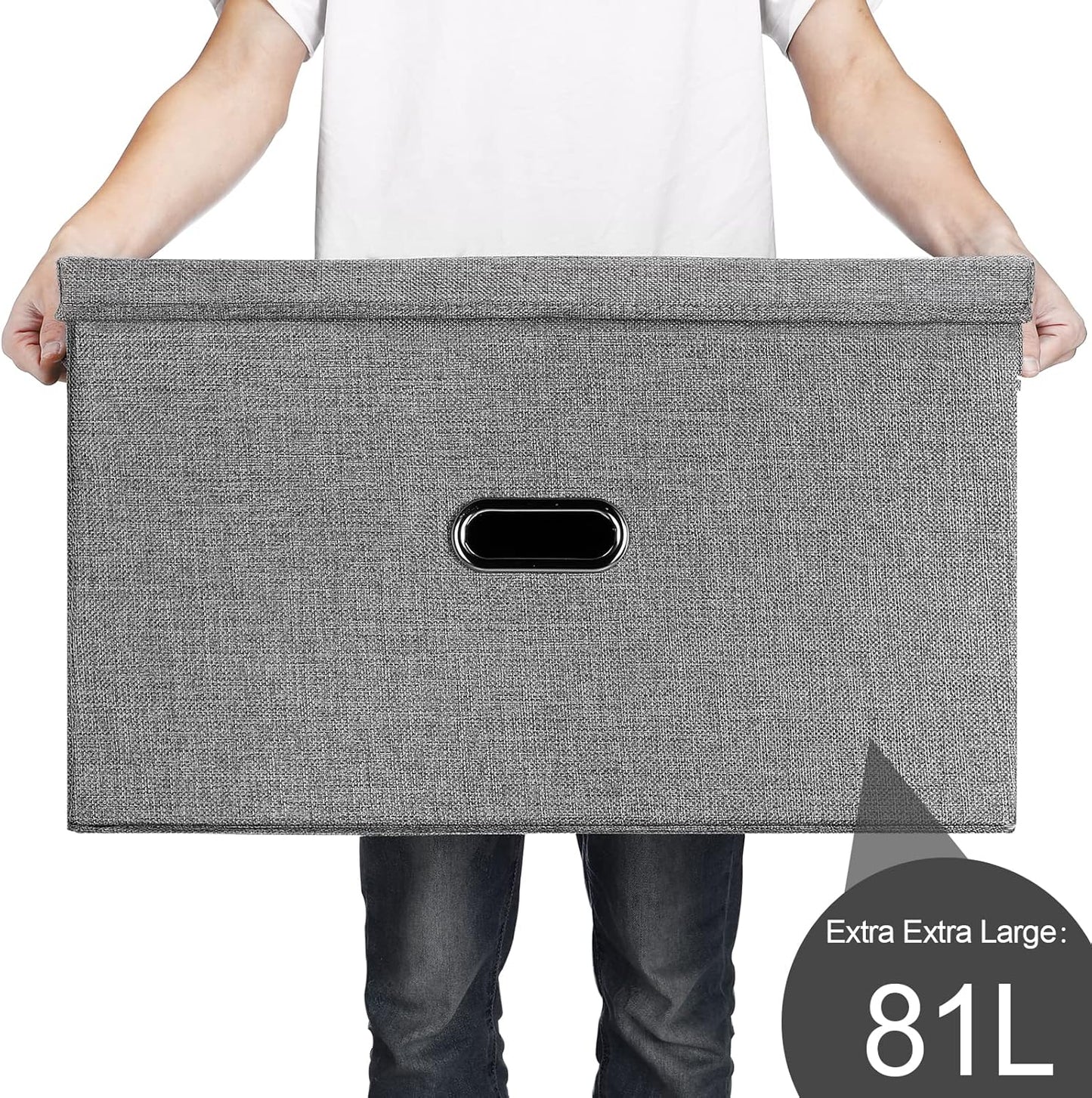 Large Linen Fabric Foldable Storage Bins with Removable Lid and Handles, Washable Storage Box Organizer Containers Baskets Cube with Cover for Bedroom,Office(Black, XXL(2-Pack))