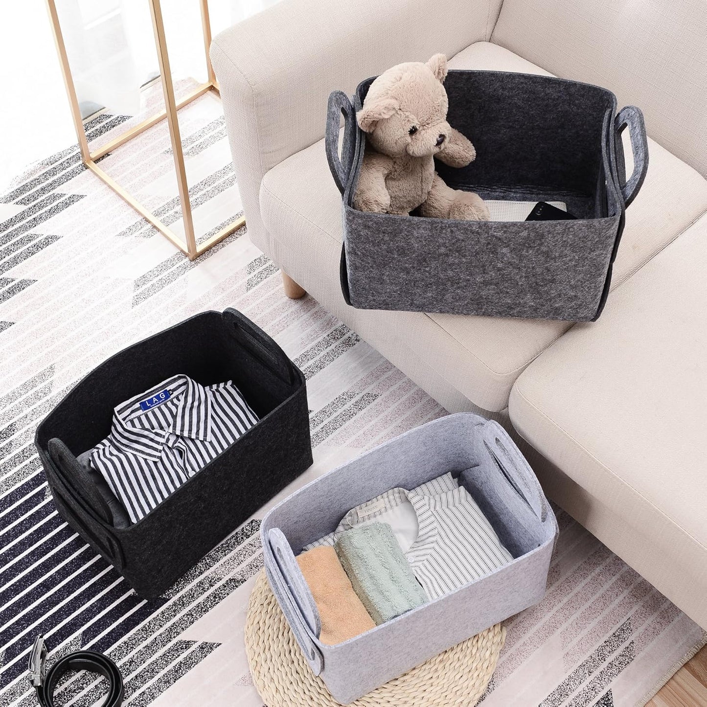 Storage Basket Felt Storage Bin Collapsible& Convenient Box Organizer with Carry Handles for Office Bedroom Closet Babies Nursery Toys Laundry (Light grey, 13.8inch（L）×9.5inch（W）×8.3inch（H）)
